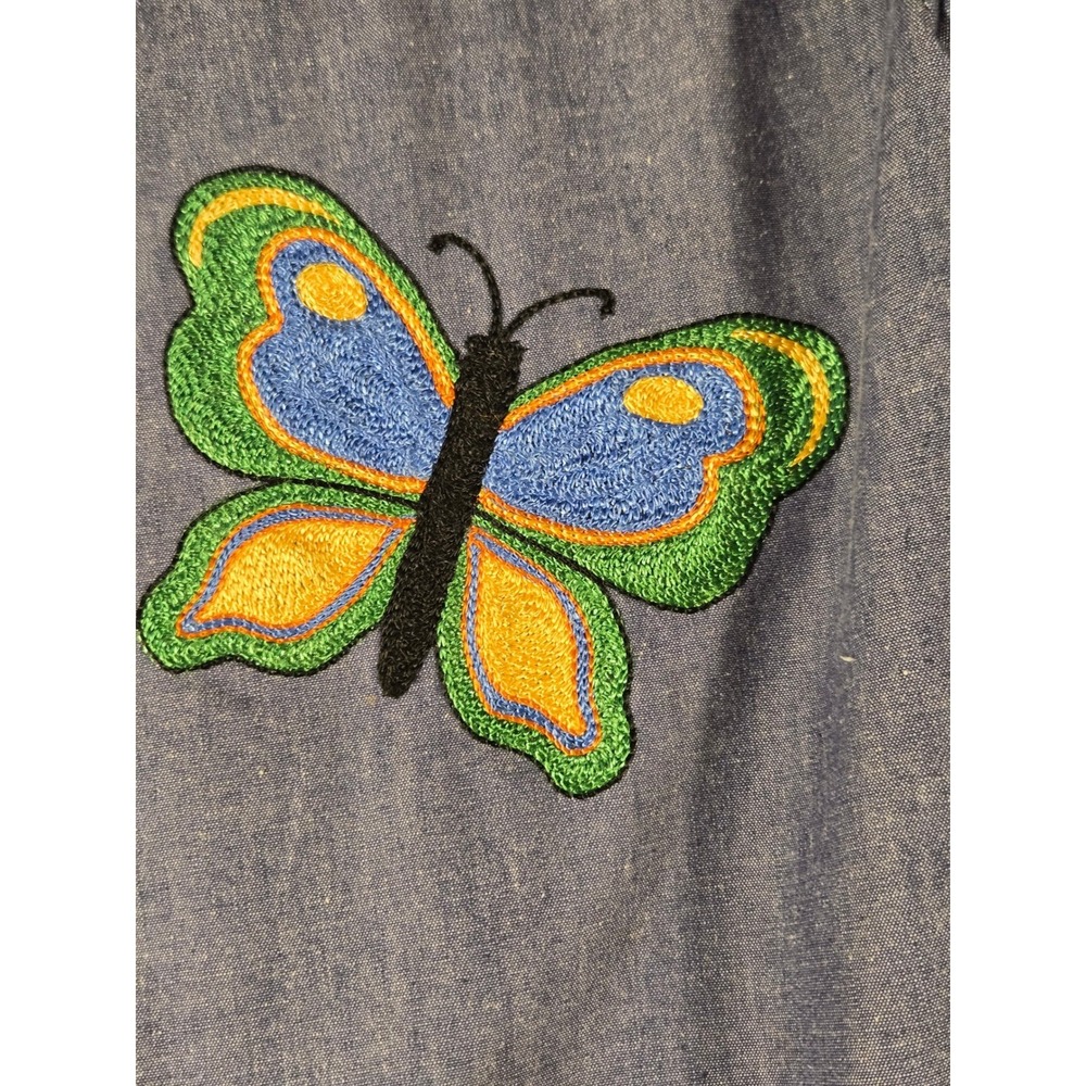 Embroidered Floral Butterfly Chambray Tunic Top Blue Long Sleeve Square Neck - Picture 4 of 9